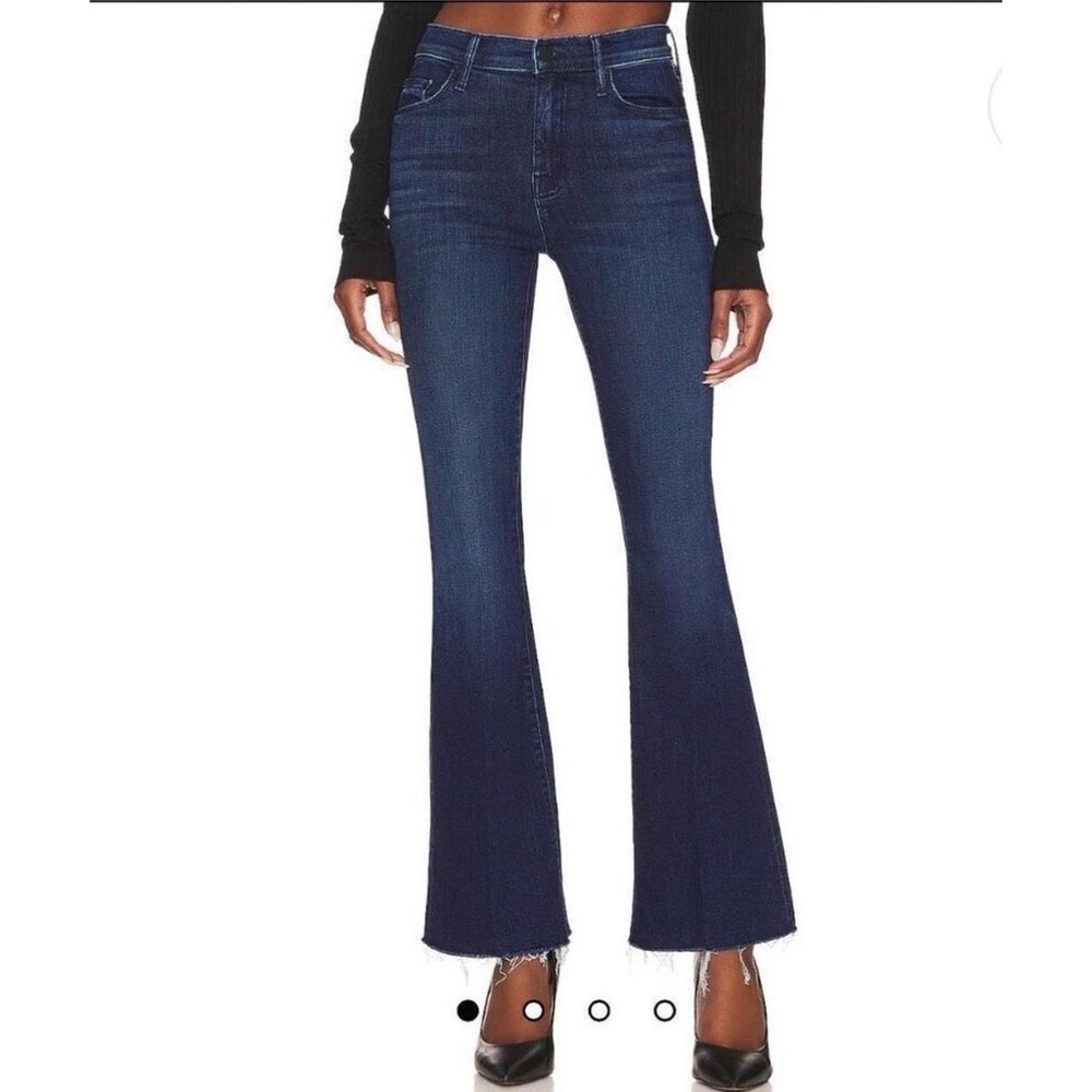 Mother The Weekender Fray Jeans 25 Dark Blue Flare Leg Altered Hem Boho Retro